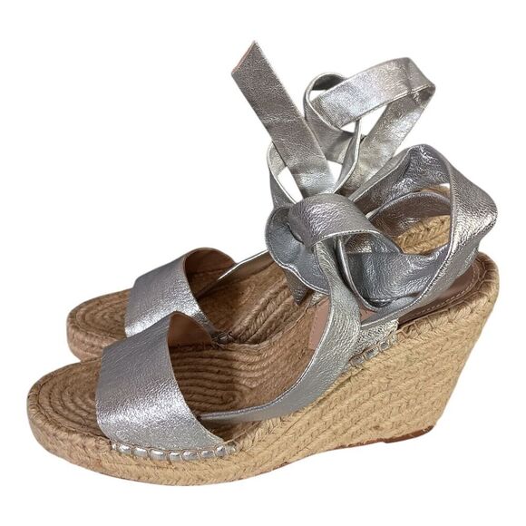 Loeffler Randall Harper Ankle Tie Espadrille Wedge Sandals Silver Leather 6.5 - Picture 6 of 9